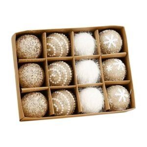 7cm ROSE GOLD AND WHITE BALL SET OF 12 - Flocked Christmas Balls, 12 Piece Decoration Set, Multi-style