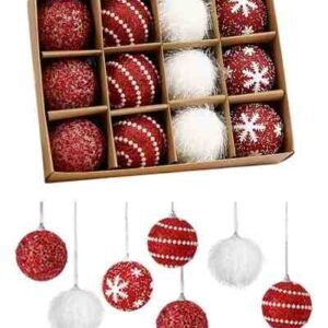 7cm RED-WHITE BALL SET OF 12- 7CM FROSTED FLOCKED BALL