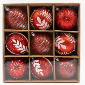 8cm Red Balls 9-Piece Nostalgic Red Christmas Bauble Set (8cm) – Glitter Swirl & Leaf Tree Ornaments