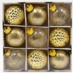 Gold Christmas Ball Ornaments 9pcs Set –8cm 80mm Clear Filigree, Glitter, & Faceted Tree Decor