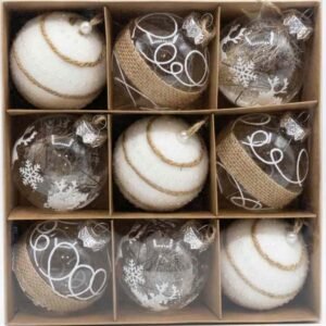 8cm WHITE CLEAR BALLX9 -9-Piece Rustic White & Clear Christmas Bauble Set (8cm) – Elegant Festive Tree Ornaments