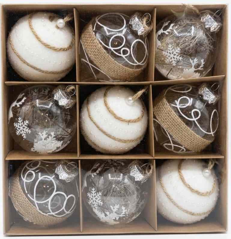 8cm WHITE CLEAR BALLX9 -9-Piece Rustic White & Clear Christmas Bauble Set (8cm) – Elegant Festive Tree Ornaments