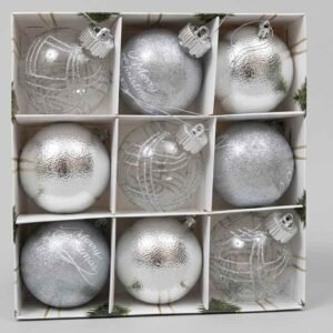 8CM SILVER BALL 9pcs Set- 9-Piece Elegant Silver & Clear Christmas Bauble Set (8cm) – Premium Festive Tree Ornaments